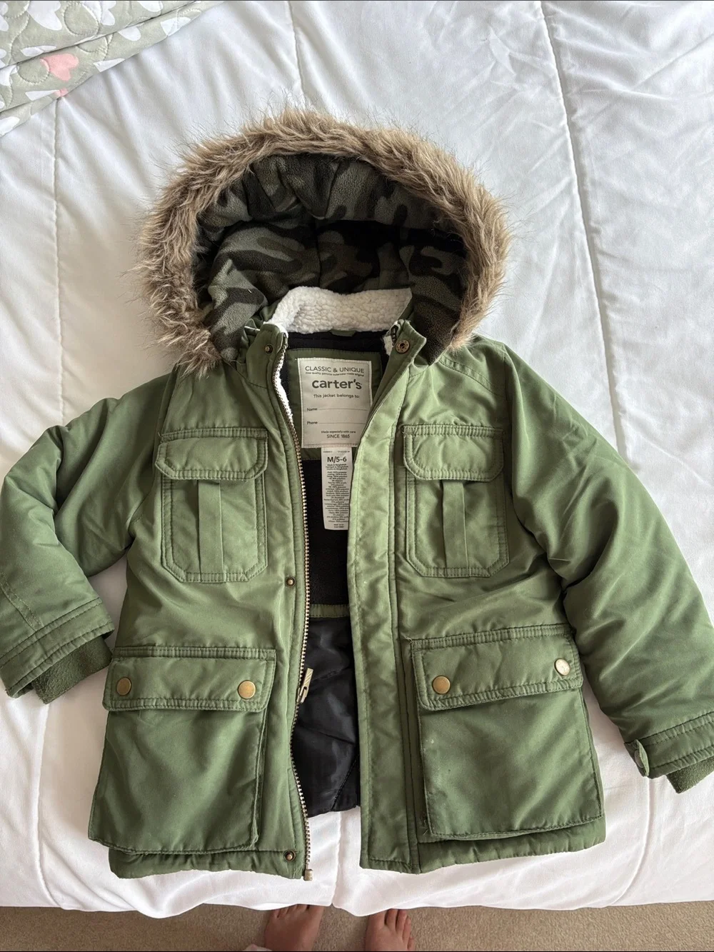 Carter's Olive Green Hooded Puffer Jacket with Faux Fur Trim size 5/6